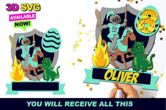 Knight and Dragon Cake Topper 3D SVG for Birthday Crafts