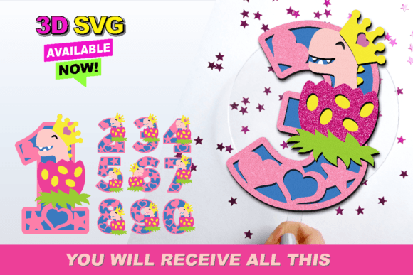 Princess Dinosaur Numbers 3D SVG